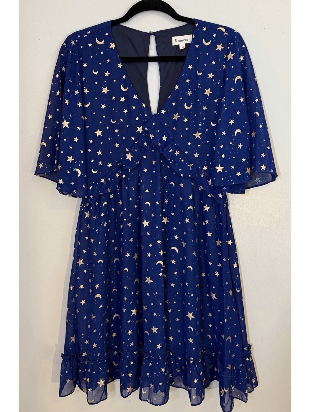 &Merci Celestial Witchy Mini Dress Navy Gold Chiffon Foil Moon Stars Goth Large